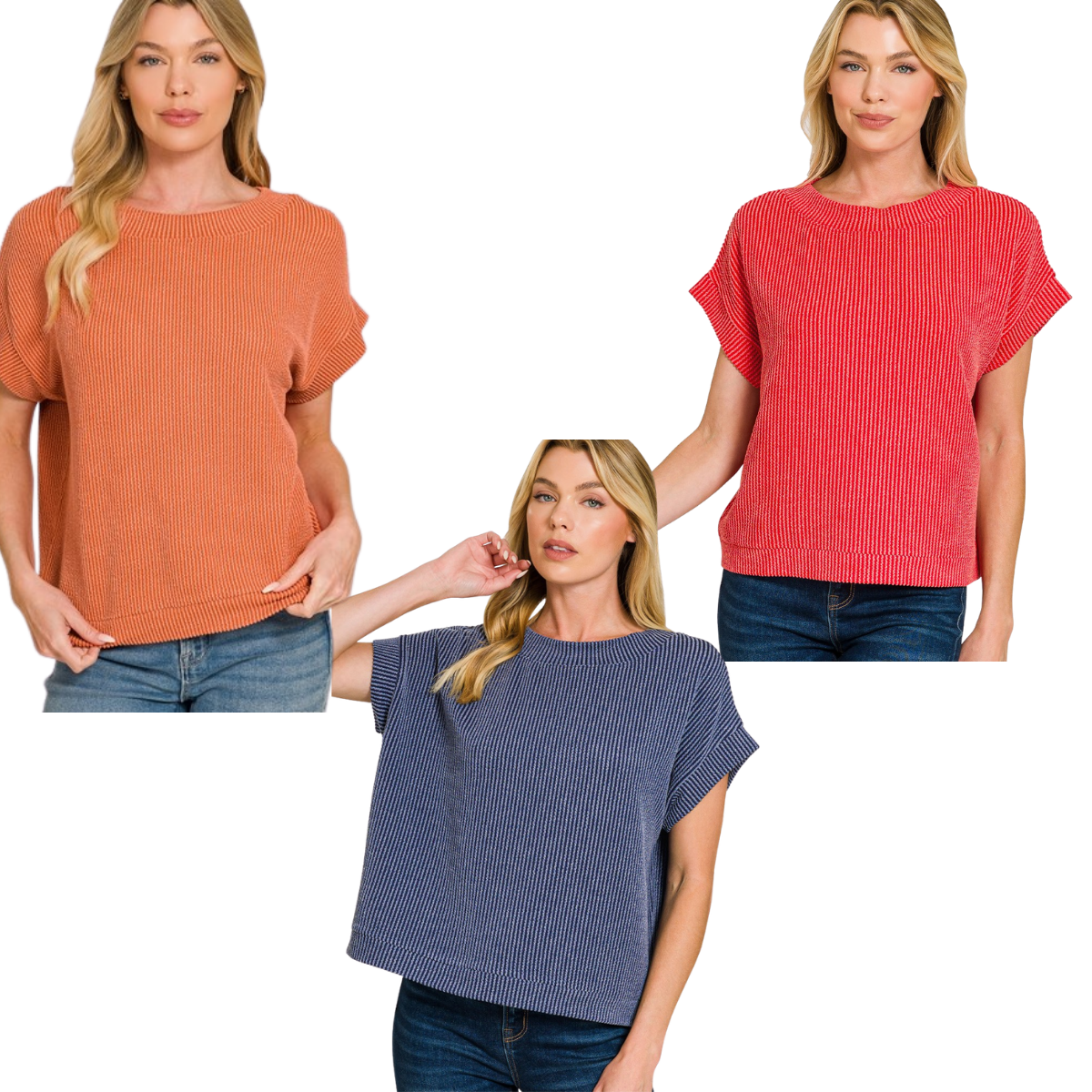 Three women model Zenana's Raised Rib Cap Sleeve Top and other loose-fit, short-sleeve knit tops in orange, red, and blue with jeans against a white background. Main image
