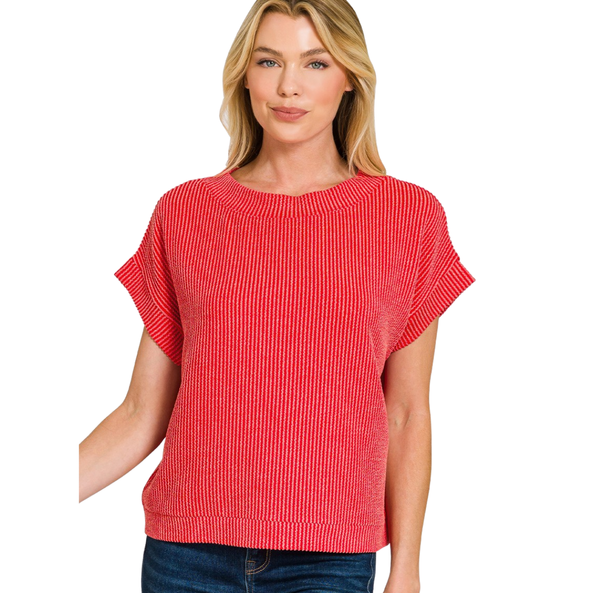 A woman wears the Zenana Raised Rib Cap Sleeve Top in red with blue jeans, standing against a plain white background.