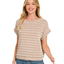 A woman stands and smiles against a white background, wearing Zenana's Raised Rib Cap Sleeve Striped Top in beige and white, paired with blue jeans.