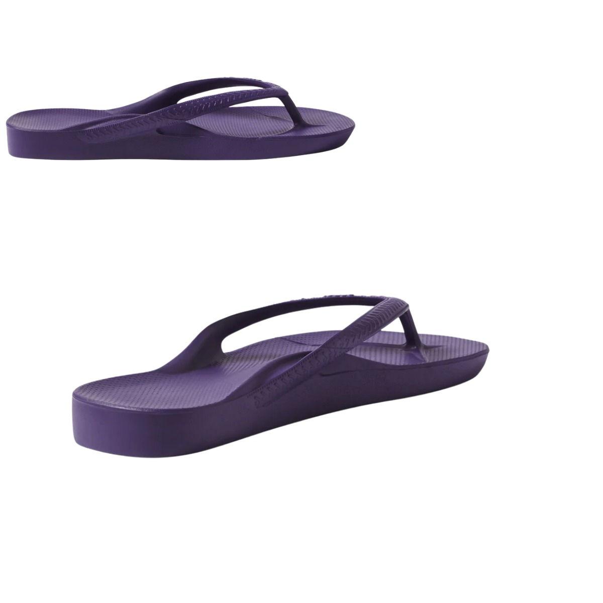 Two angles of a single ARCHIES Archies Flip Flops in Acai Purple, shown on a plain white background. Main image