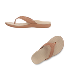 The Tide 2 Flip-Flop in Mocha Mousse by Vionic from CALERES INC features cushioned beige soles and built-in arch support, displayed from side and top views on a white background.