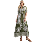 Model wears the FASHION GO Paisley Print Puff Sleeve Midi Dress with sandals, standing against a white background.