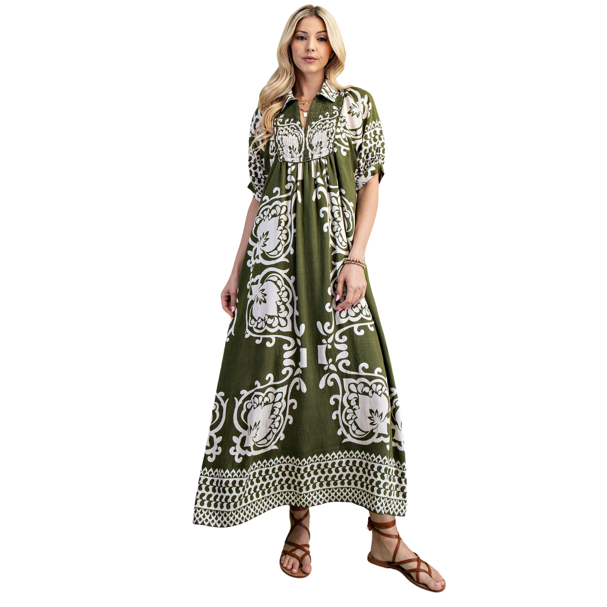 Model wears the FASHION GO Paisley Print Puff Sleeve Midi Dress with sandals, standing against a white background.