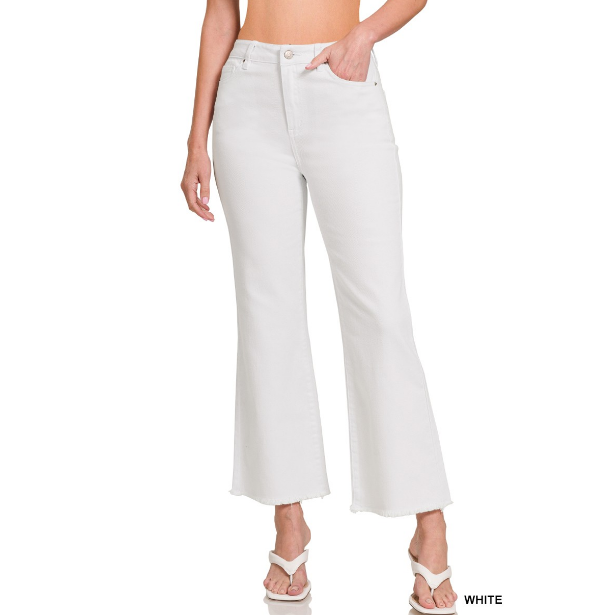 A person wearing FASHION GO Acid Washed High Waist Cropped Straight Pants, paired with white heeled sandals, stands against a plain background.