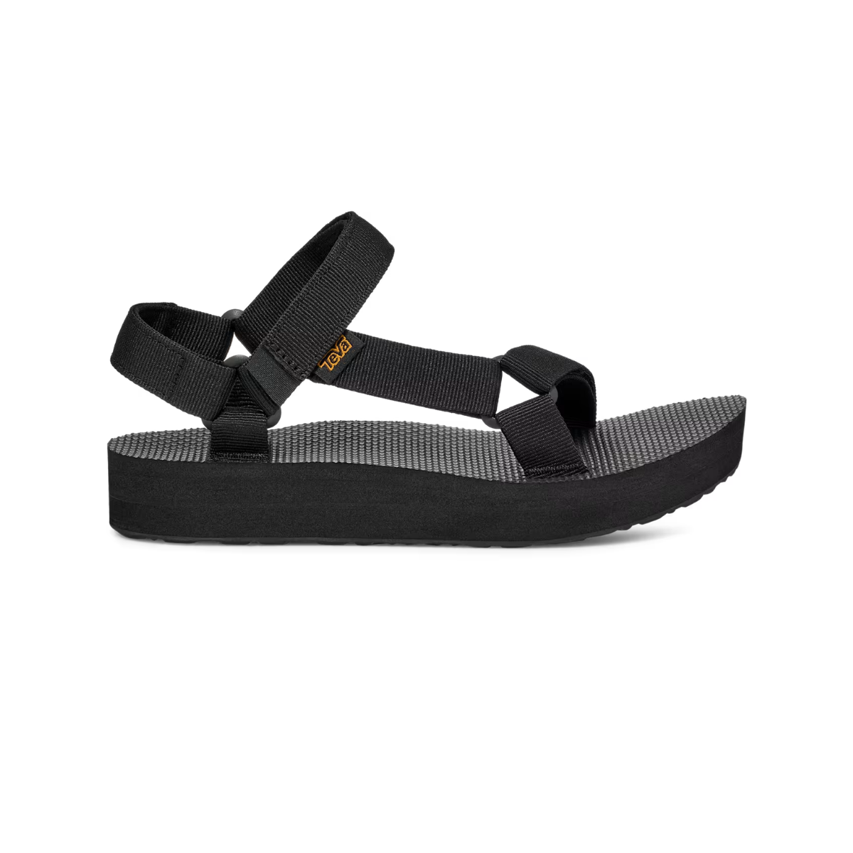 The TEVA MIDFORM UNIVERSAL BLACK is a sport sandal by TEVA with adjustable recycled polyester straps and a textured sole, displayed in side profile on a white background. Main image