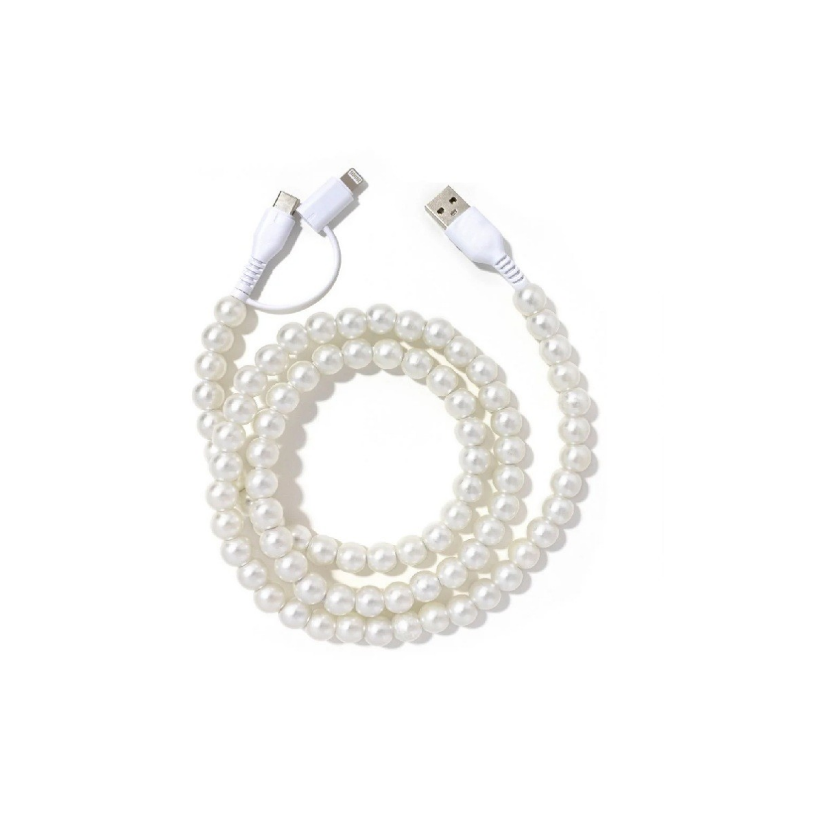 The Zenana Beaded DUAL USB FAST CHARGING CABLE, available in assorted colors, features a stylish beaded design and universal compatibility for fast, effortless charging. Shown coiled in a loose spiral on a white background.