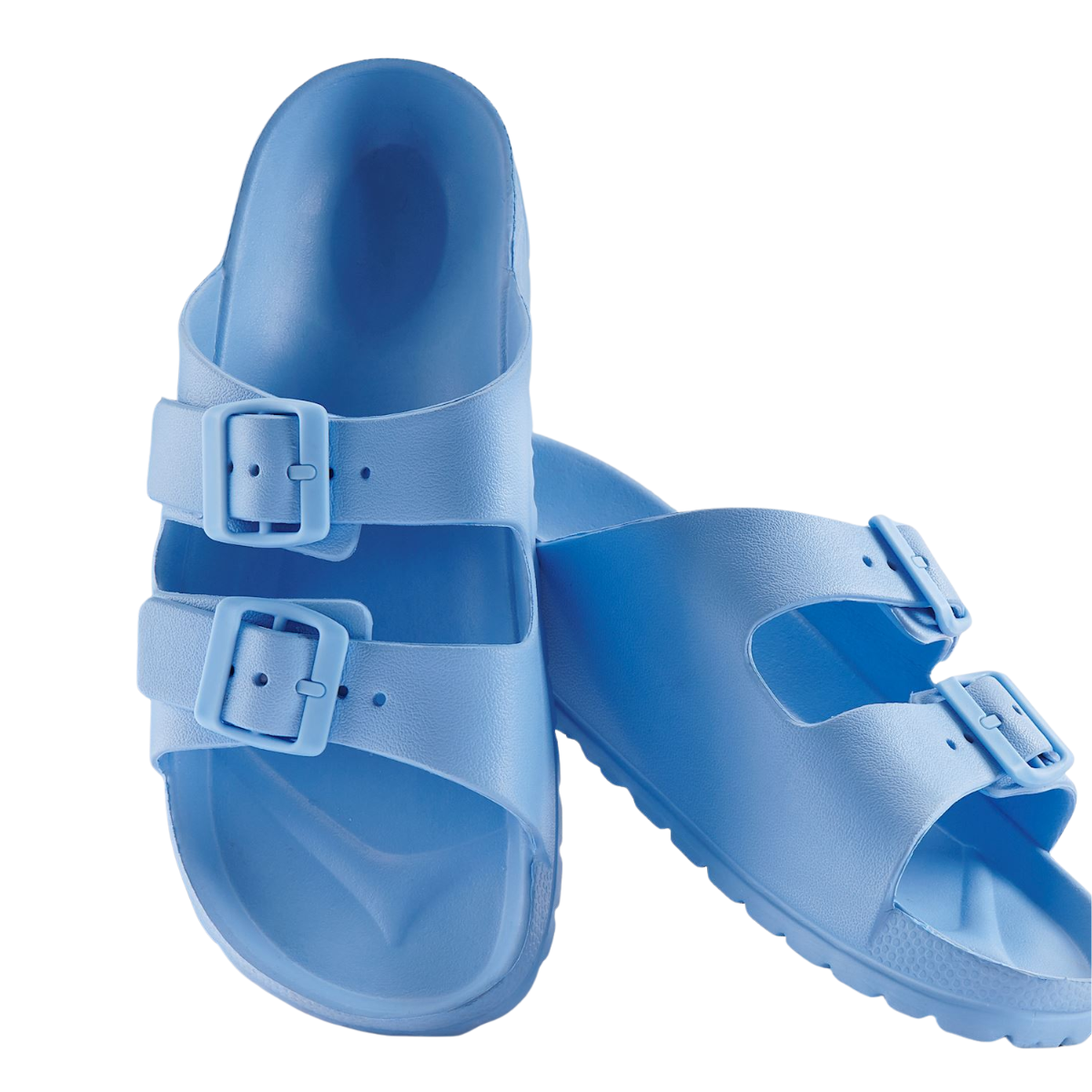 The Gift Craft Essential Slip-On Slides are light blue with two adjustable buckle straps and a comfort-contoured footbed, shown against a white background.