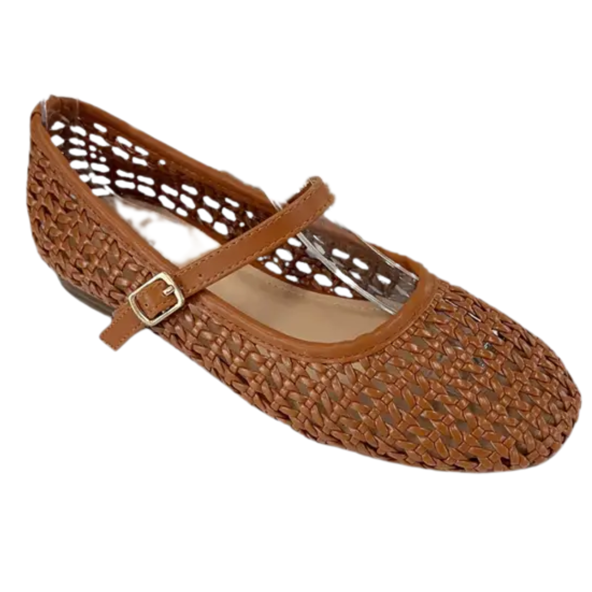The CCOCCI Woven MaryJane Flat features a breathable woven mesh upper, closed toe, and adjustable buckle strap, pictured against a white background. Main image