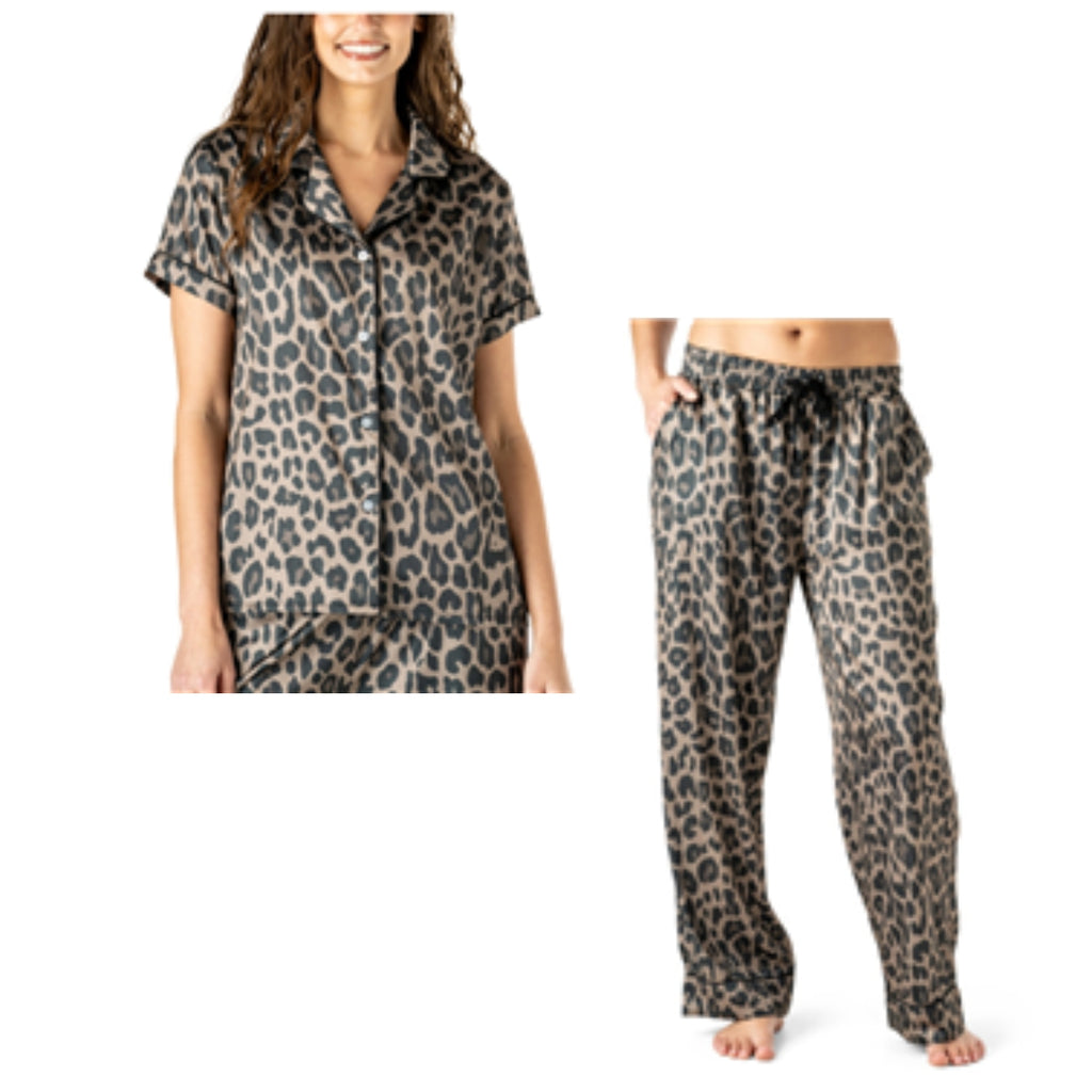 A woman wears the Hello Mello Leopard Satin Pajama Set from DM MERCHANDISING INC, featuring a short-sleeve leopard print top with matching pants from our super soft pj’s collection; the second image highlights just the pajama pants on another model, showcasing the comfort and style of these coordinated sleepwear sets.