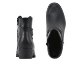 The White Mountain Durbon Ankle Bootie is displayed from the back and top views on a white background, highlighting its side zipper and low block heel for a comfortable bootie style.