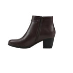 The Angelo Block Heel Ankle Bootie by cliffs is a dark brown leather ankle bootie featuring a side zipper and a low block heel, shown on a white background.