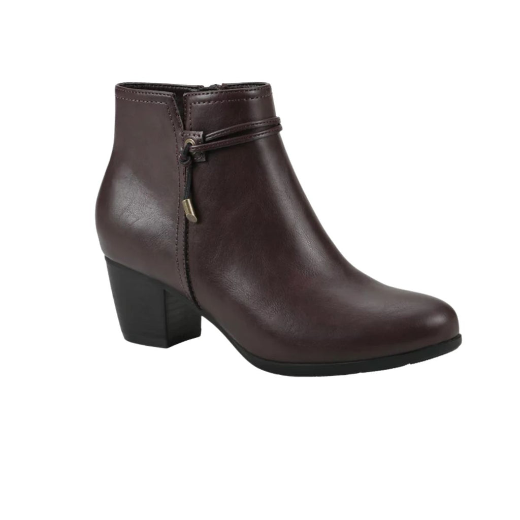 The Angelo Block Heel Ankle Bootie by Cliffs is a brown leather ankle bootie featuring a side zipper, decorative strap, and a chunky mid-height block heel, displayed on a white background.
