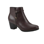 The Angelo Block Heel Ankle Bootie by Cliffs is a brown leather ankle bootie featuring a side zipper, decorative strap, and a chunky mid-height block heel, displayed on a white background.