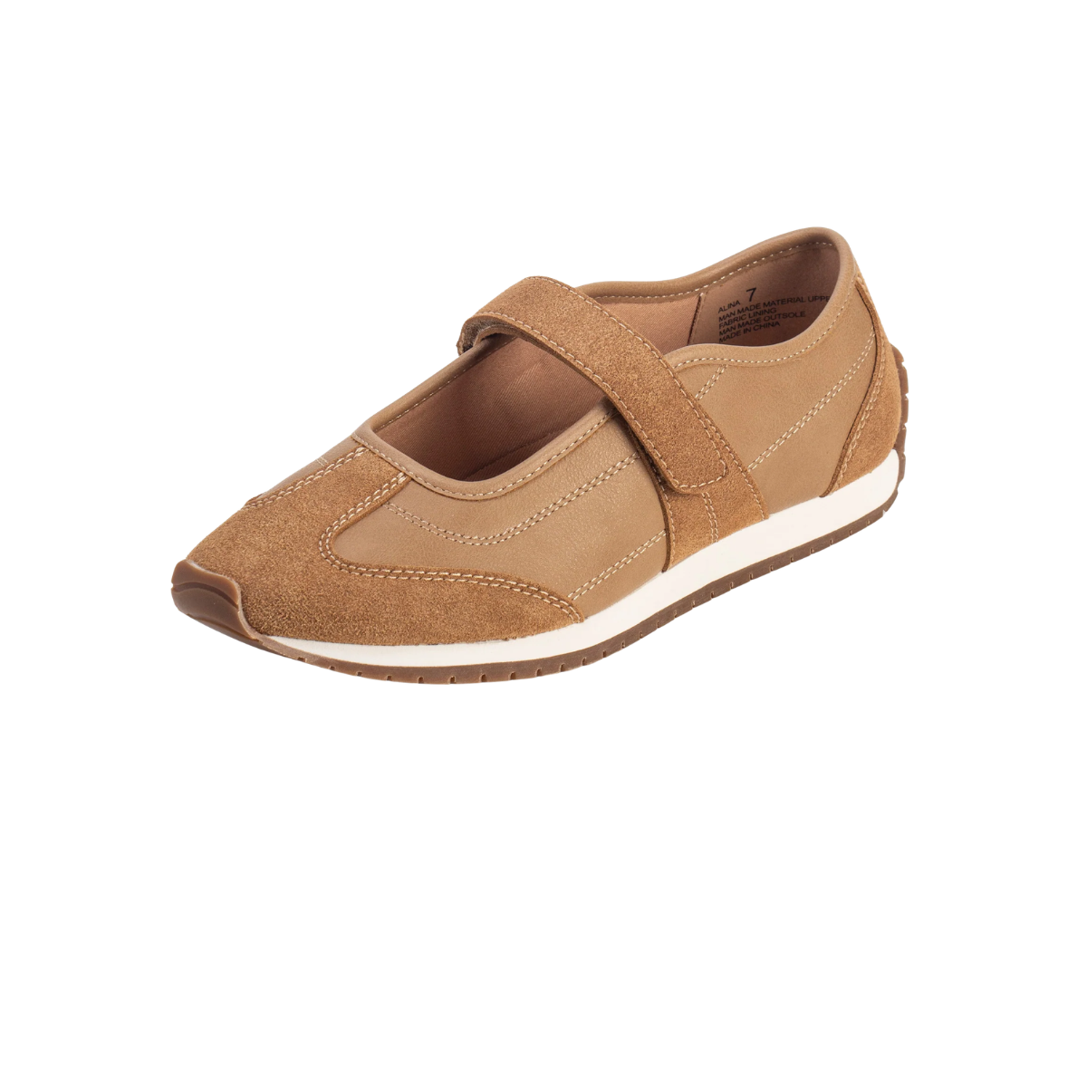 The Yellow Box Alina MaryJane Sneaker features tan suede and fabric, cushioned comfort, a hook-and-loop strap, visible stitching, and a white sole, all displayed on a white background. Main image