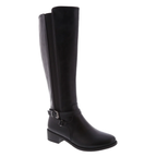 The Alana Tall Riding Boot by Top Guy features a low block heel, rounded toe, and decorative ankle strap with side buckle, shown in black against a white background.