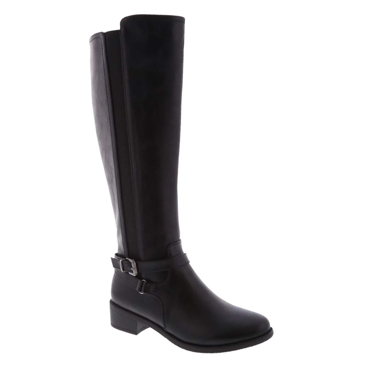 The Alana Tall Riding Boot by Top Guy features a low block heel, rounded toe, and decorative ankle strap with side buckle, shown in black against a white background.