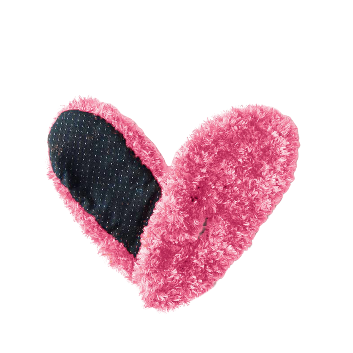 Pink fuzzy heart-shaped FUZZY FOOTIES - MANY COLORS! by RED CARPET STUDIOS LTD with a black, textured section on one side, reminiscent of the cozy feel of women's slipper socks. Main image