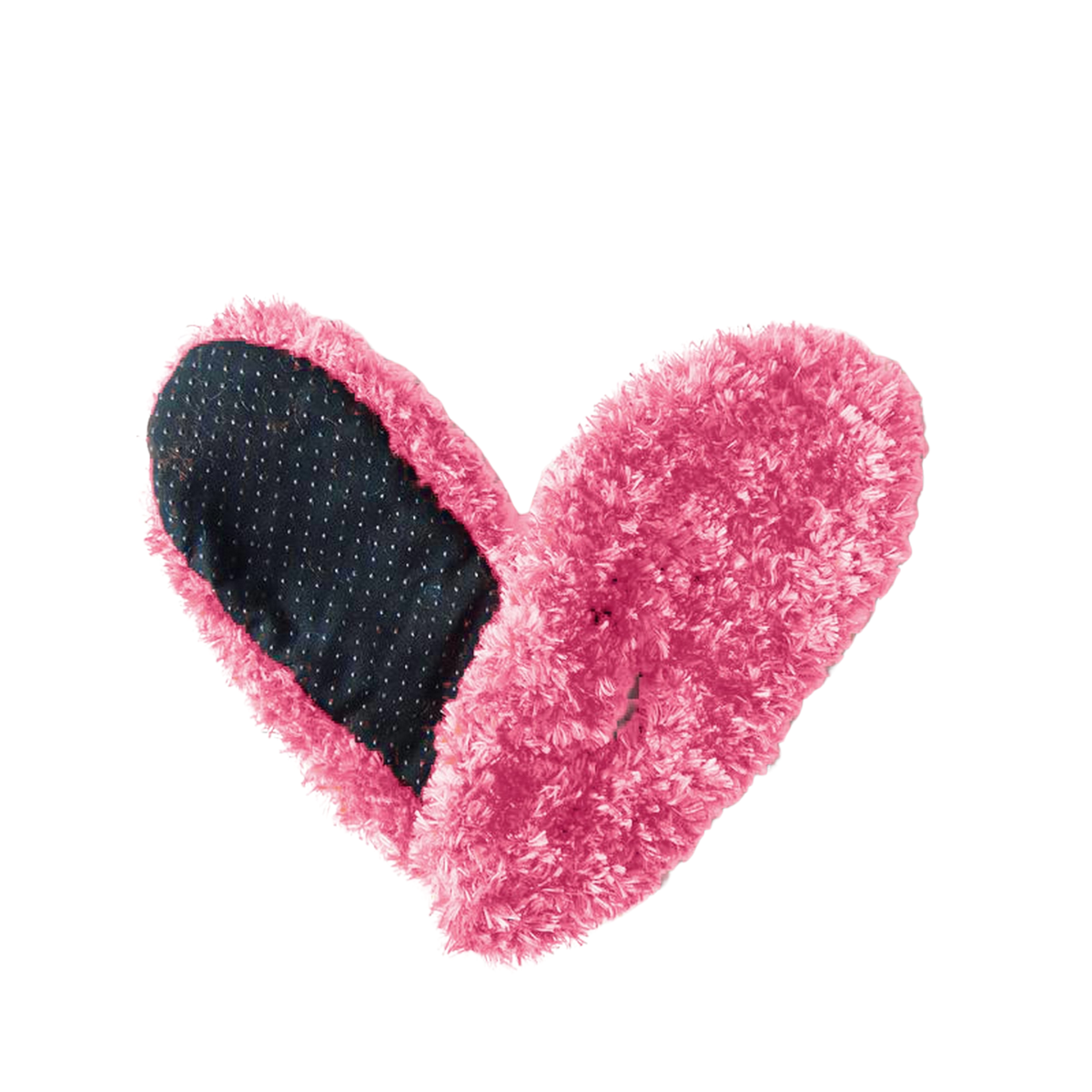 Pink fuzzy heart-shaped FUZZY FOOTIES - MANY COLORS! by RED CARPET STUDIOS LTD with a black, textured section on one side, reminiscent of the cozy feel of women's slipper socks.