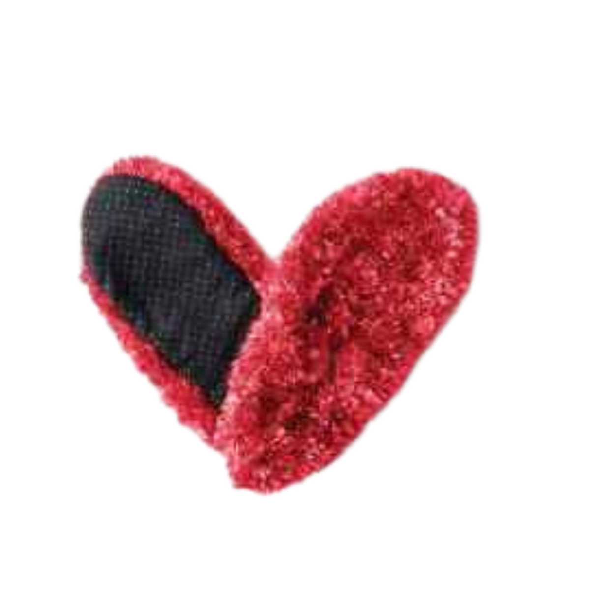 A red fuzzy heart on its side with a black textured insert on the left half, reminiscent of RED CARPET STUDIOS LTD's FUZZY FOOTIES - MANY COLORS! with slip-resistant bottoms for a comfortable fit.