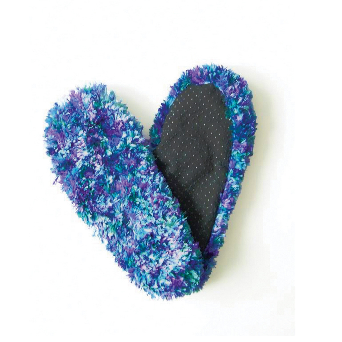 A pair of RED CARPET STUDIOS LTD FUZZY FOOTIES - MANY COLORS! with a purple, blue, and green shaggy exterior and a black, slip-resistant sole. The women's slipper socks are positioned in a heart shape on a white background.