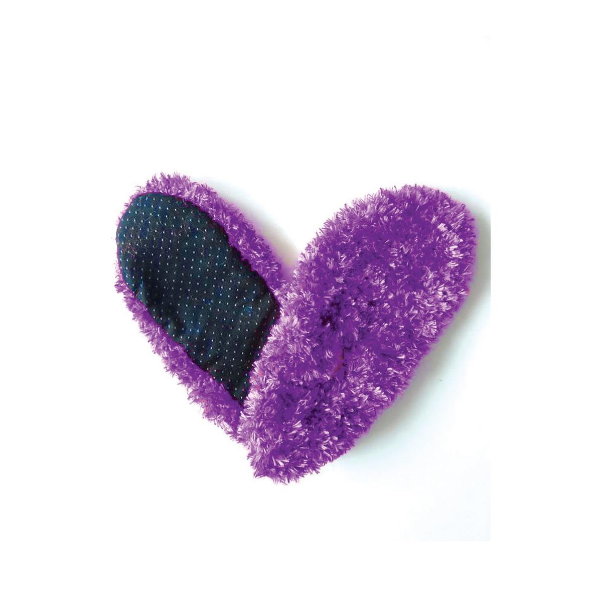 A heart-shaped object with a purple fuzzy texture reminiscent of FUZZY FOOTIES - MANY COLORS! from RED CARPET STUDIOS LTD on the right side and a black surface adorned with small white dots on the left, both sides forming the shape of a heart against a white background.