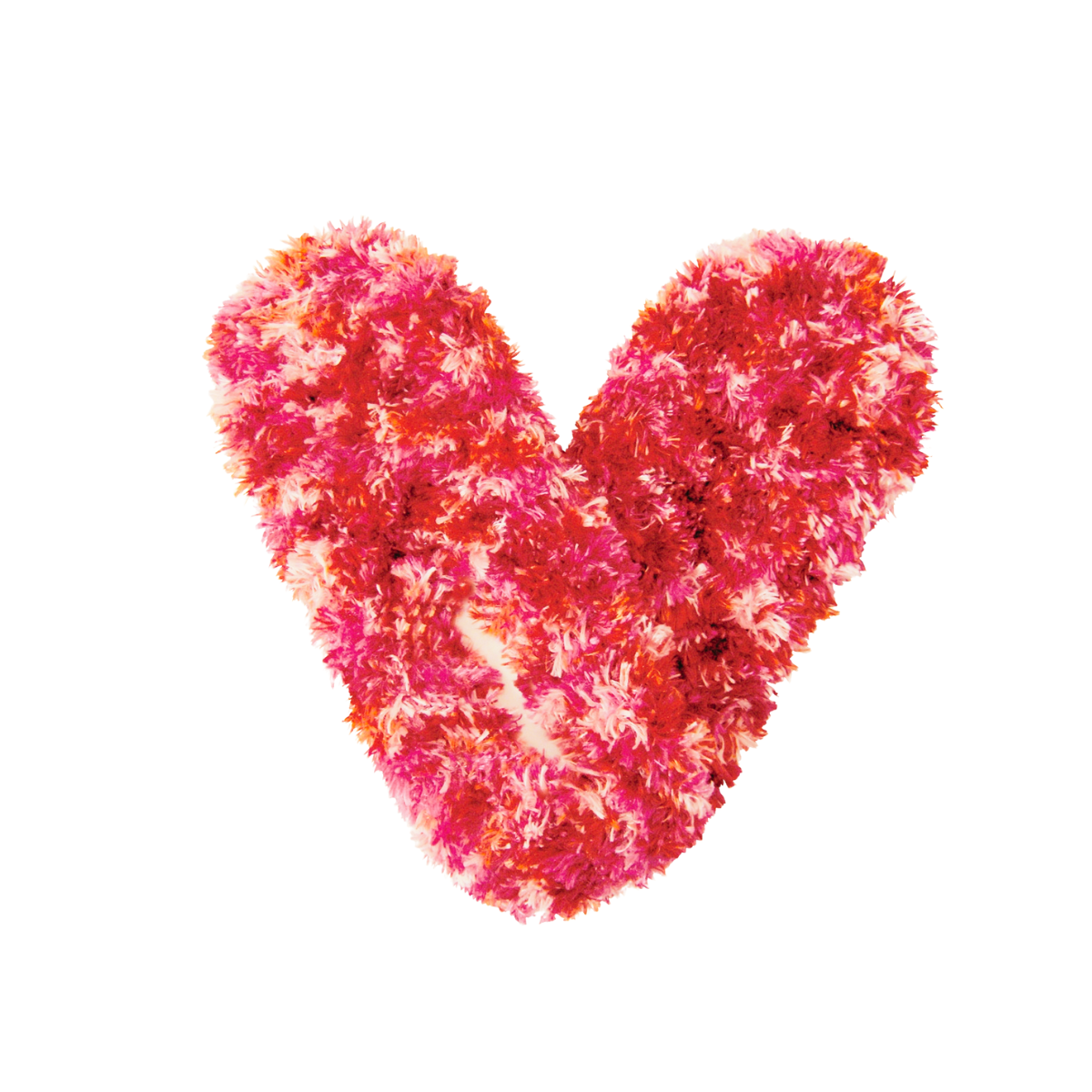 A heart shape made of red, pink, and white fuzzy material against a white background evokes the cozy feel of FUZZY FOOTIES - MANY COLORS! by RED CARPET STUDIOS LTD.