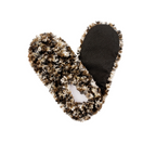 A pair of fluffy, multi-colored, brown and white FUZZY FOOTIES - MANY COLORS! by RED CARPET STUDIOS LTD with black rubber soles, designed for a comfortable fit and arranged with one slipper facing up and the other facing down.