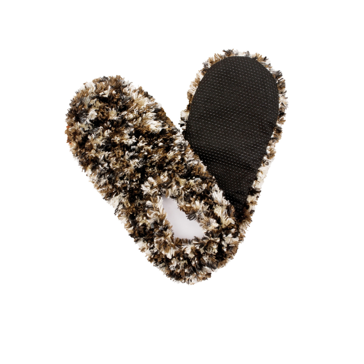 A pair of fluffy, multi-colored, brown and white FUZZY FOOTIES - MANY COLORS! by RED CARPET STUDIOS LTD with black rubber soles, designed for a comfortable fit and arranged with one slipper facing up and the other facing down.