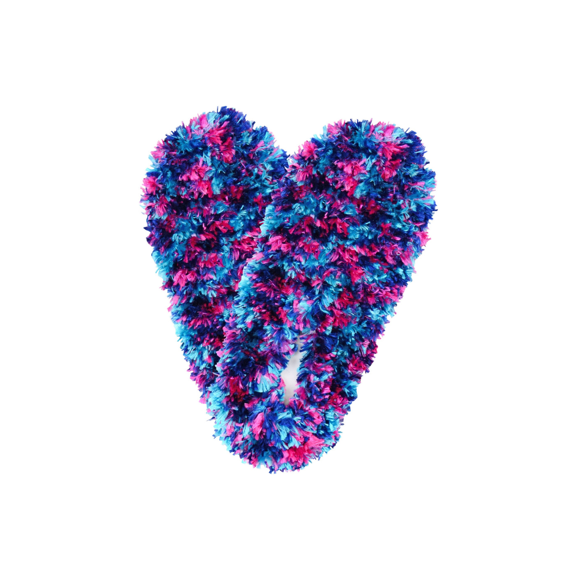 Colorful knitted or crocheted scarf in various shades of blue, pink, and purple, arranged in a heart shape, perfect for cozy nights at home with your FUZZY FOOTIES - MANY COLORS! from RED CARPET STUDIOS LTD.