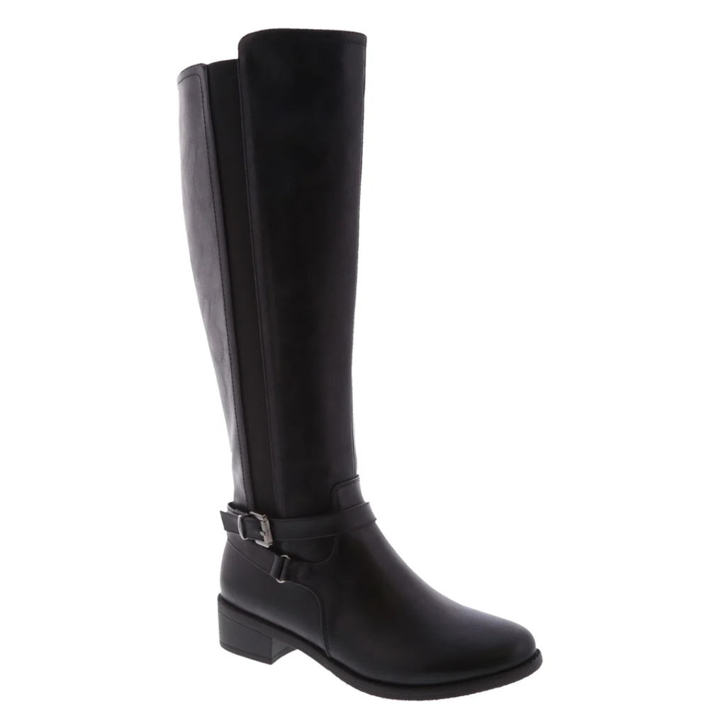The Alana Tall Riding Boot by Top Guy features a smooth black leather finish, low block heel, and side buckle—classic tall boots perfect for timeless style.