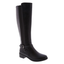 The Alana Tall Riding Boot by Top Guy features a smooth black leather finish, low block heel, and side buckle—classic tall boots perfect for timeless style.