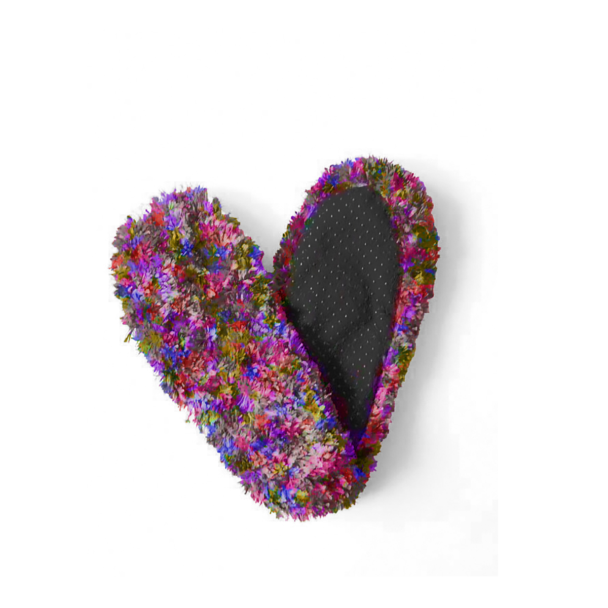 A pair of FUZZY FOOTIES - MANY COLORS! by RED CARPET STUDIOS LTD featuring a colorful floral pattern on the outer part and a black, dotted fabric on the inner sole, placed to form a heart-like shape.