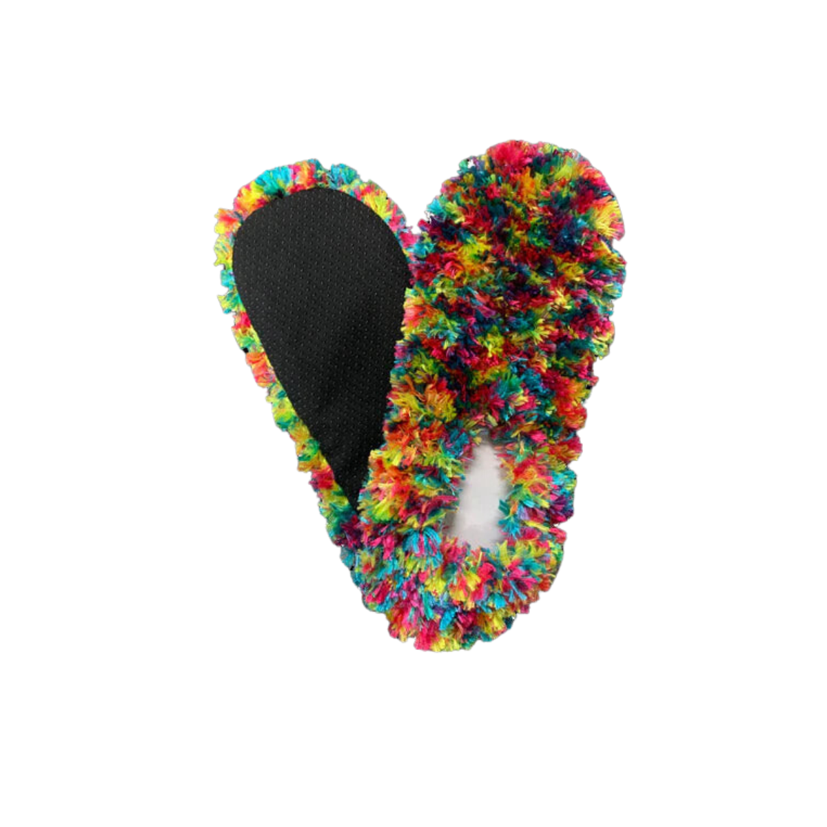 Two fuzzy, colorful slipper socks with multicolored yarn, black slip-resistant bottoms, and a fluffy texture, positioned in a heart shape against a white background. Introducing FUZZY FOOTIES - MANY COLORS! by RED CARPET STUDIOS LTD.