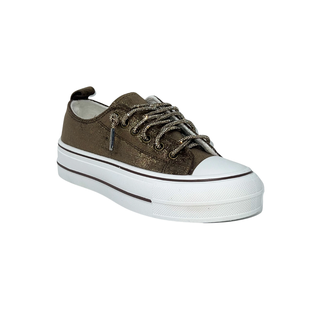The Harmon Sparkle Sneaker by VERY G is crafted from durable chocolate brown canvas and features a white platform sole, black and white laces, and metallic eyelets—pictured at an angle on a white background.