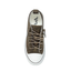 Top view of a single Harmon Sparkle Sneaker by VERY G in olive green, featuring a white toe cap, white sole, and rhinestone-accented laces on a plain white background.