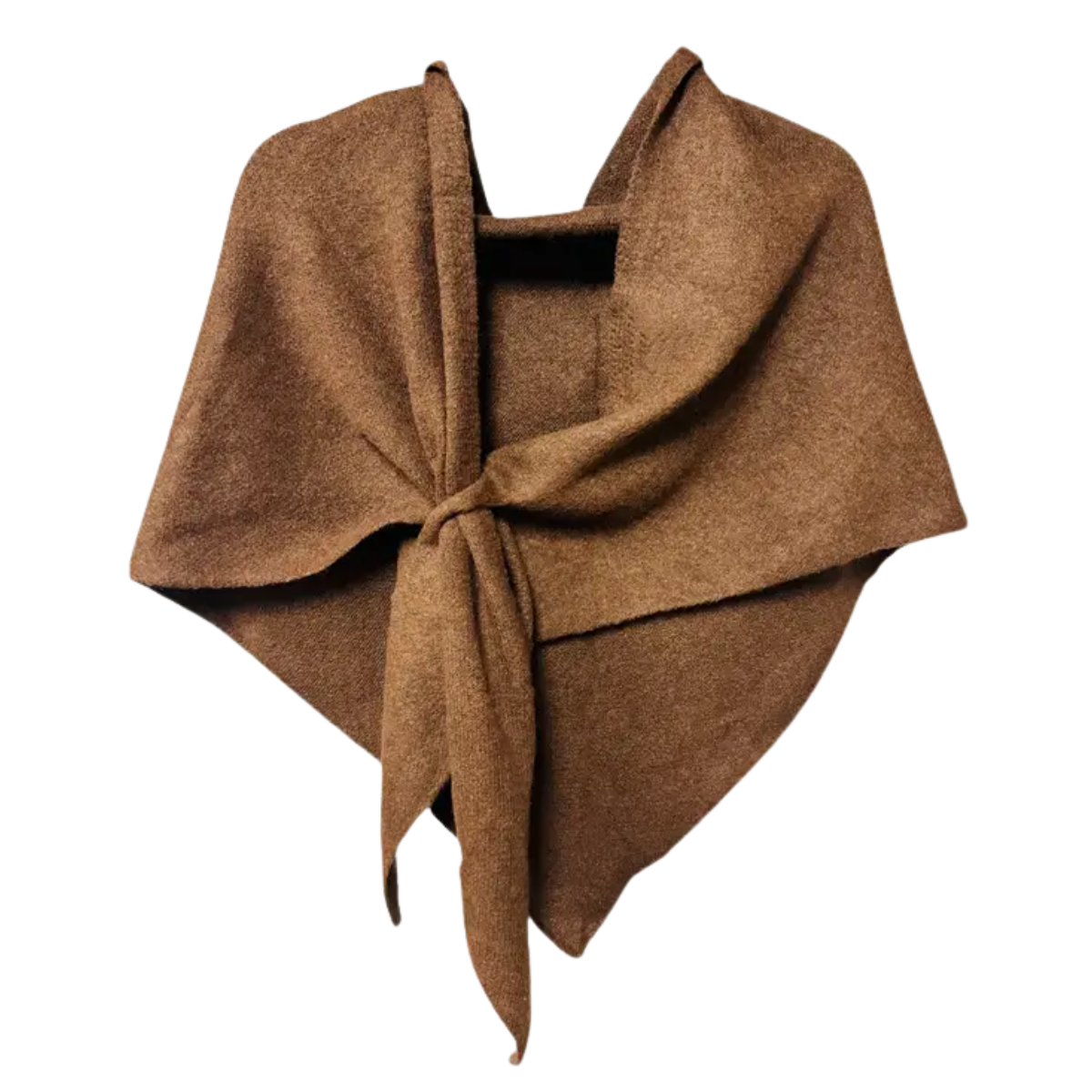The JC Sunny Fashion Cashmere-Blend Knit Triangle Shawl features a cross-front design and is shown in brown on a white background.