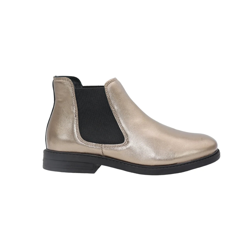 Women's metallic pewter Chelsea ankle boot with black elastic side panel and low heel