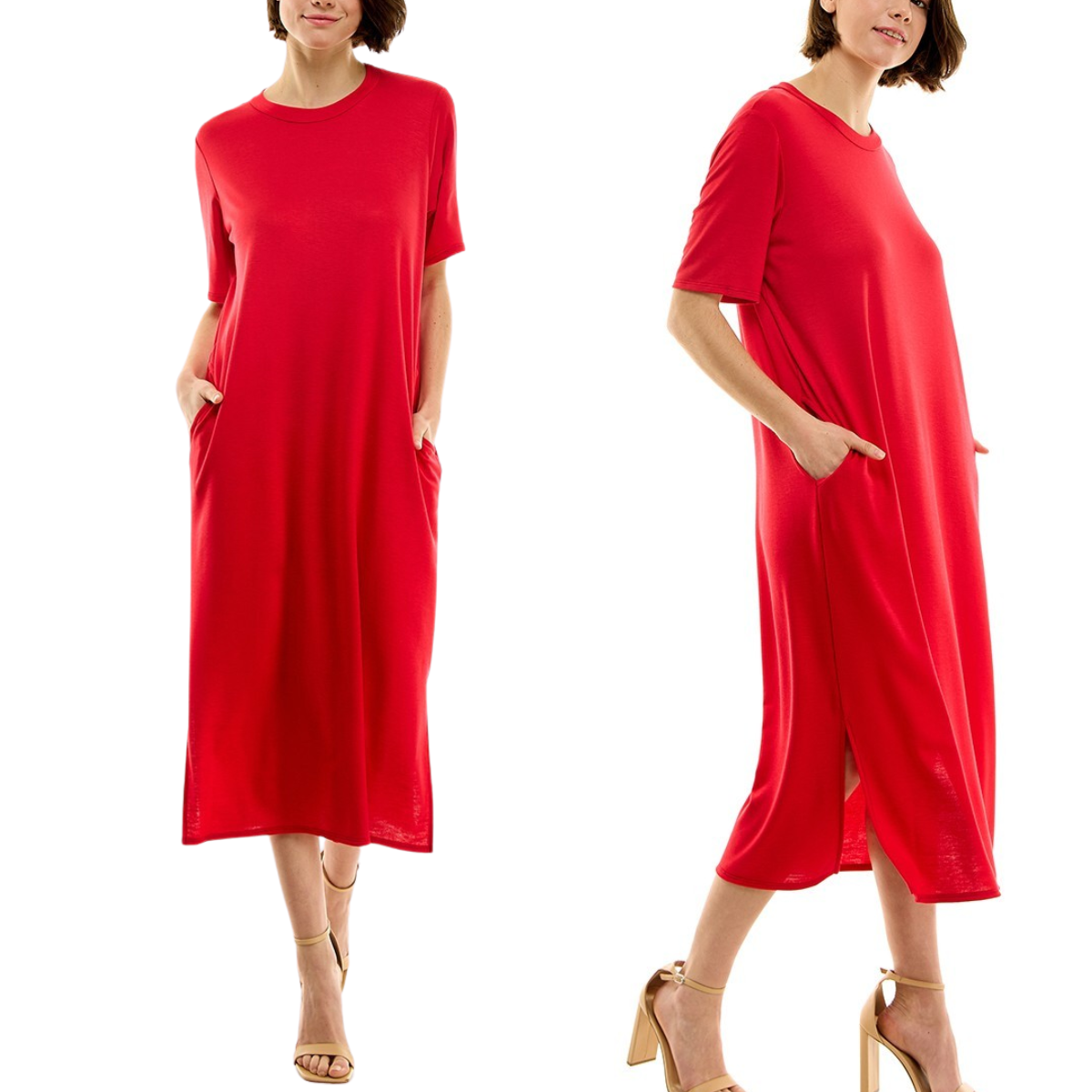 Two images of a person wearing a flowy and comfortable, loose-fitting, red French Terry Short Sleeve Midi Dress with Side Slits by FASHION GO. The dress features short sleeves and pockets. The person is posing with hands in the pockets, complementing the outfit with beige heeled sandals.