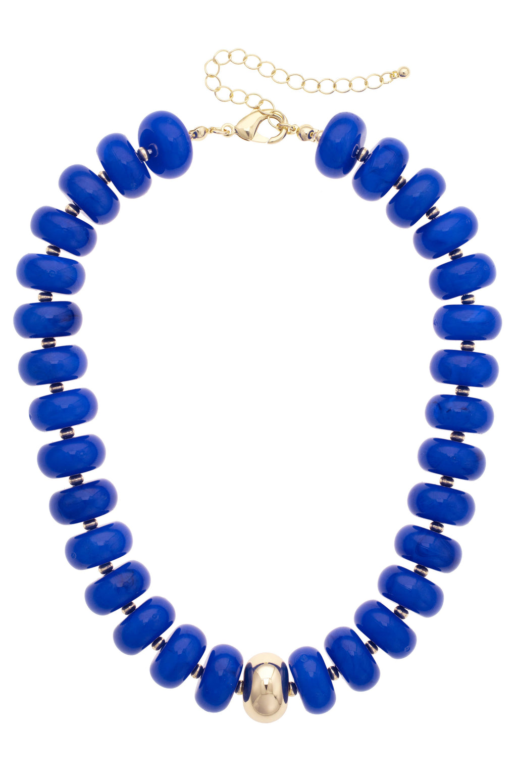 Make a bold impression with the Canvas Style San Sebastián Beaded Resin Necklace, featuring large round blue resin beads, a central gold bead, metal spacers, and an adjustable gold chain clasp.