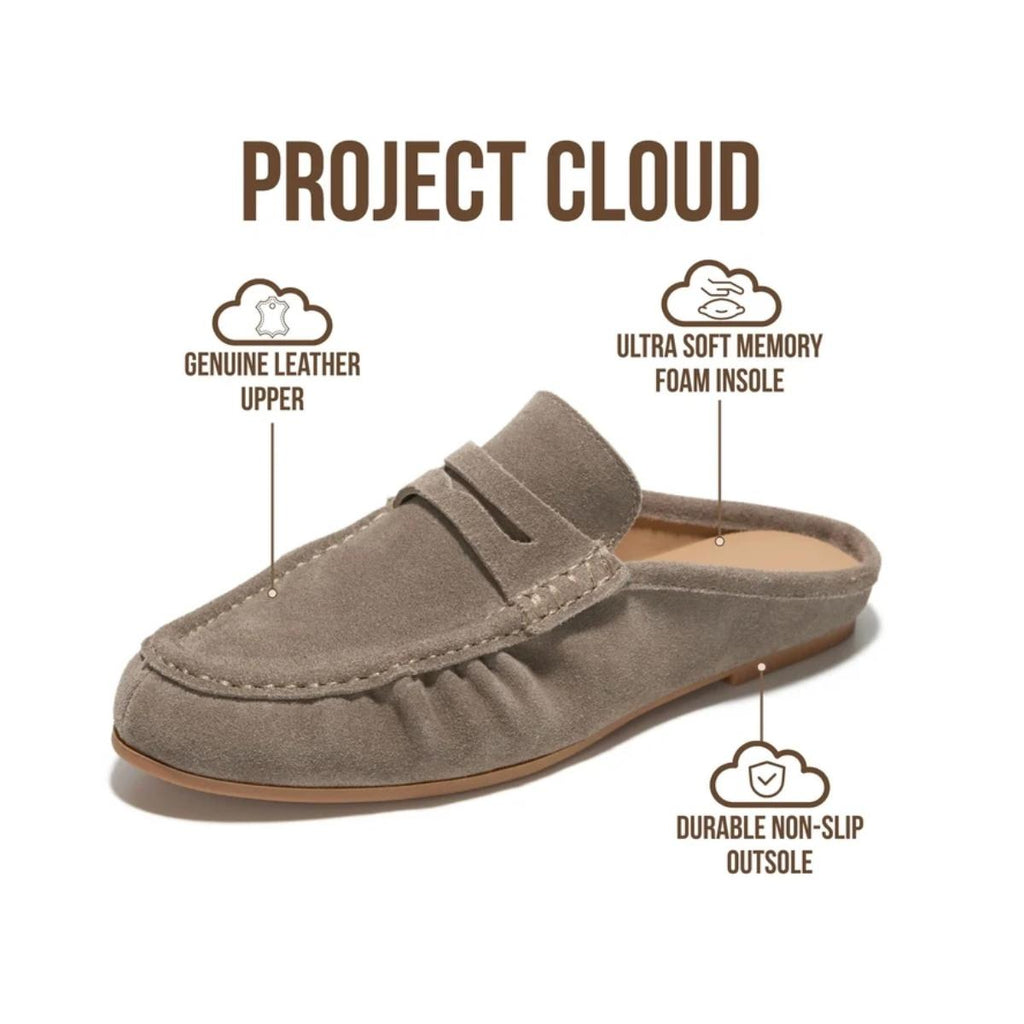 Introducing the Beckett Backless Penny Loafer by Project Cloud—crafted with a genuine suede leather upper, ultra-soft memory foam cushioning insole, and a durable non-slip outsole. Text and icons showcase these three standout features.
