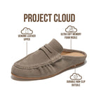 Introducing the Beckett Backless Penny Loafer by Project Cloud—crafted with a genuine suede leather upper, ultra-soft memory foam cushioning insole, and a durable non-slip outsole. Text and icons showcase these three standout features.