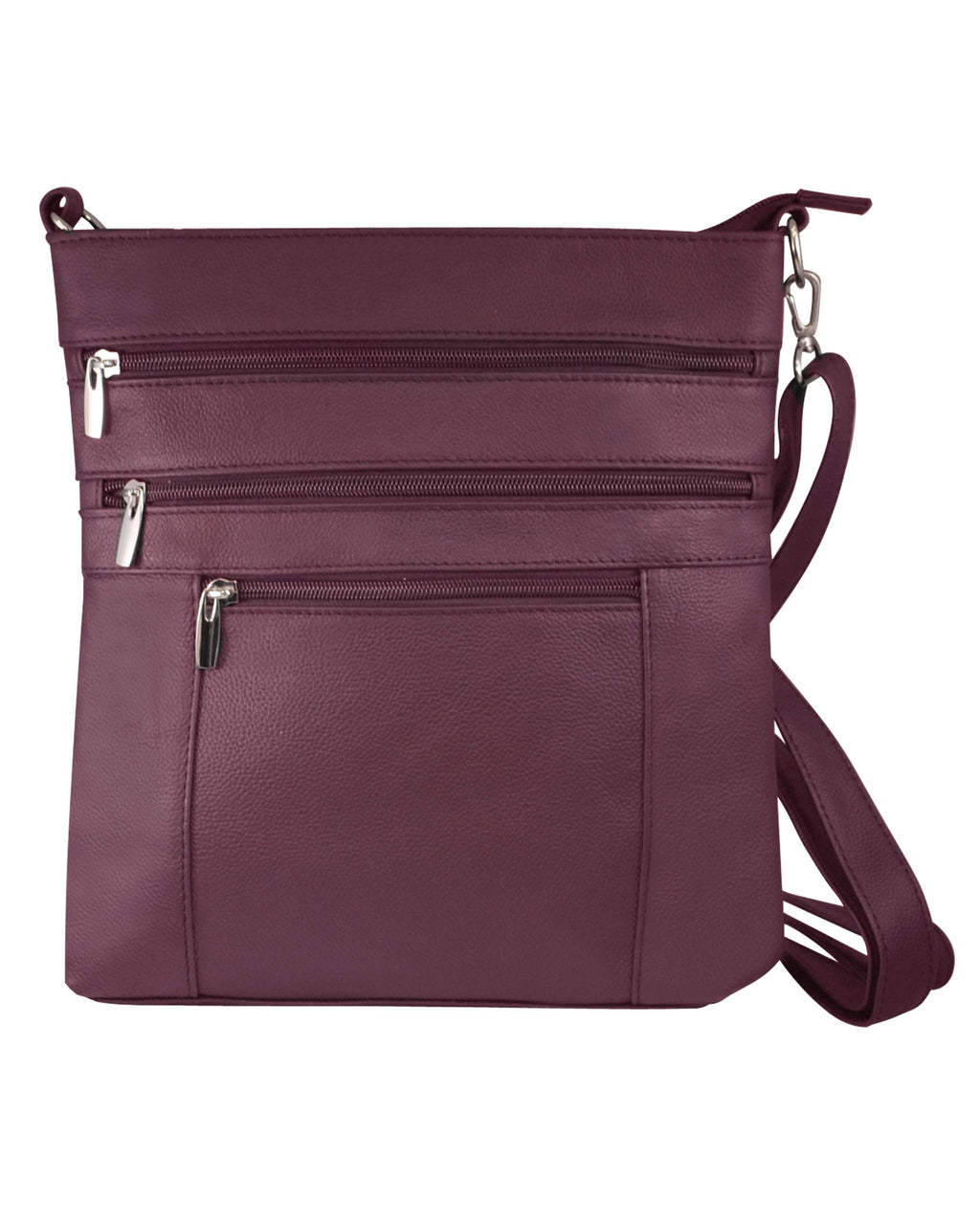 The Roma Leathers, Inc. cowhide leather crossbody in burgundy features three zippered pockets and an adjustable shoulder strap, shown against a white background.