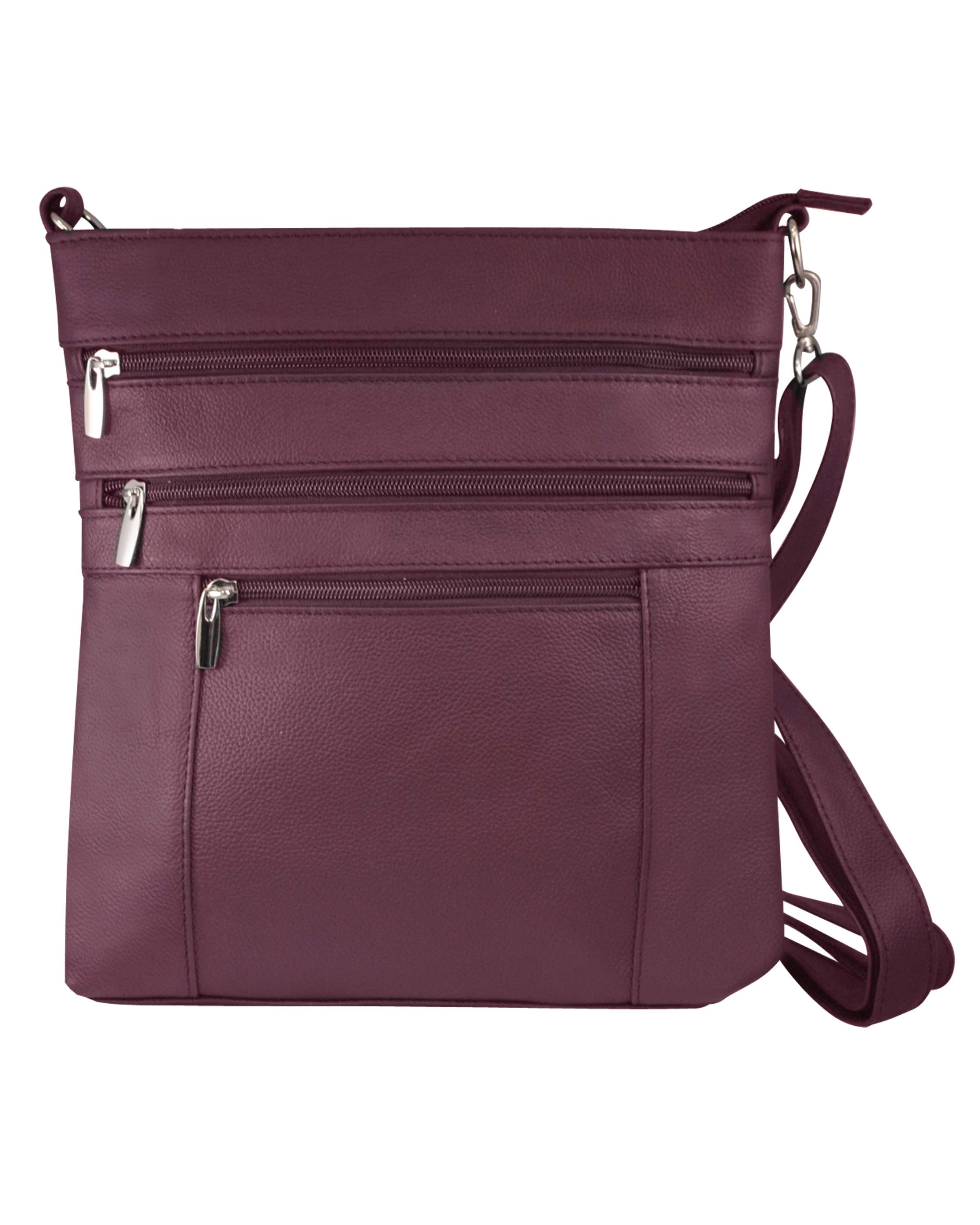 The Roma Leathers, Inc. cowhide leather crossbody in burgundy features three zippered pockets and an adjustable shoulder strap, shown against a white background.