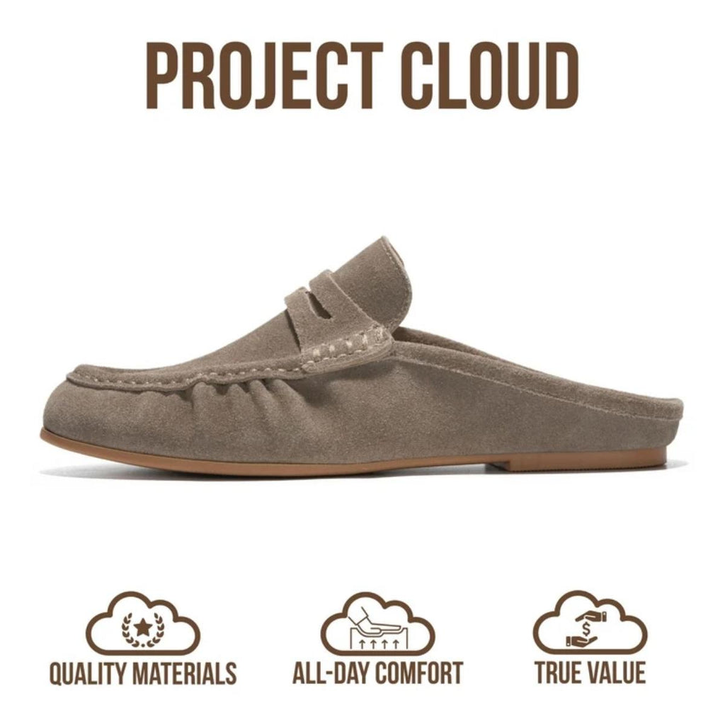 A tan suede Beckett Backless Penny Loafer from Project Cloud is shown, with text highlighting its quality materials, all-day comfort enhanced by memory foam cushioning, and true value.