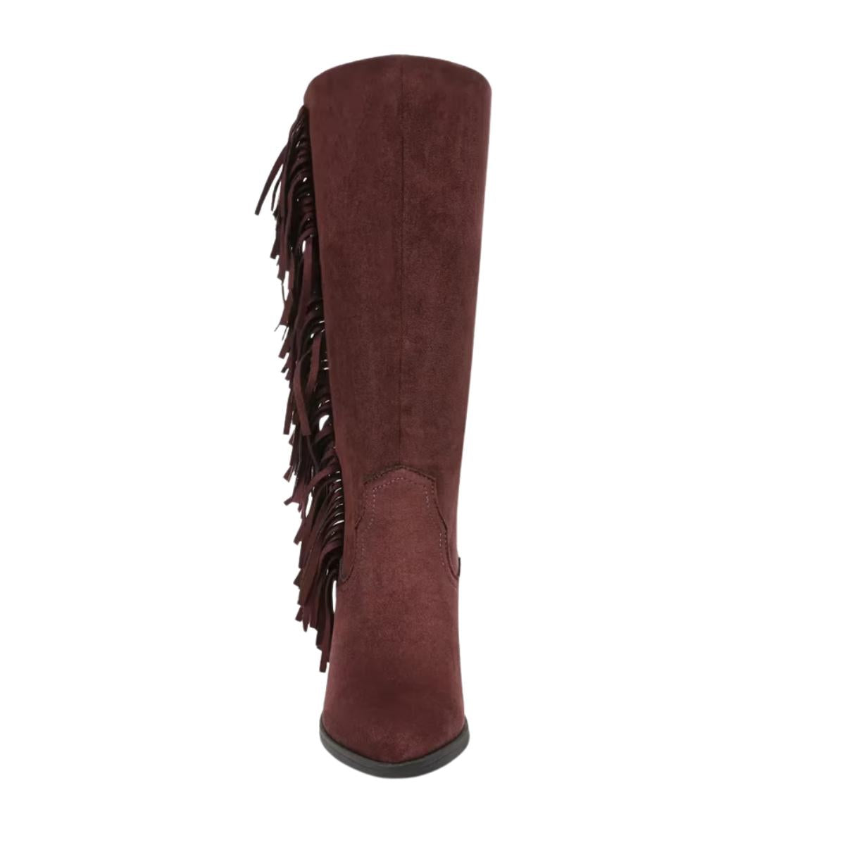 Front view of the Criss 2 Fringe Boot by Caleres—a tall, brown suede Western boot featuring fringe detailing along one side, a pointed toe, and a chunky block heel.