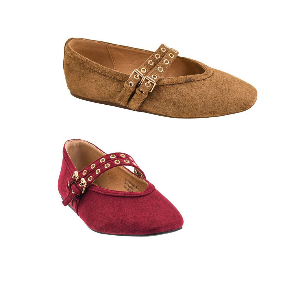 Two All Eyes on Me MaryJane Ballet Flats by CORKY’S FOOTWEAR INC—one in brown and the other in rich cranberry each featuring double straps with gold eyelets and buckles.