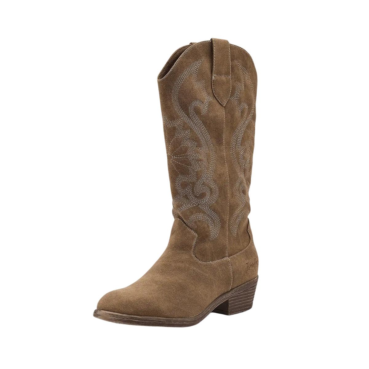 Women's tan Western cowboy boot with embroidered shaft, almond toe and low block heel