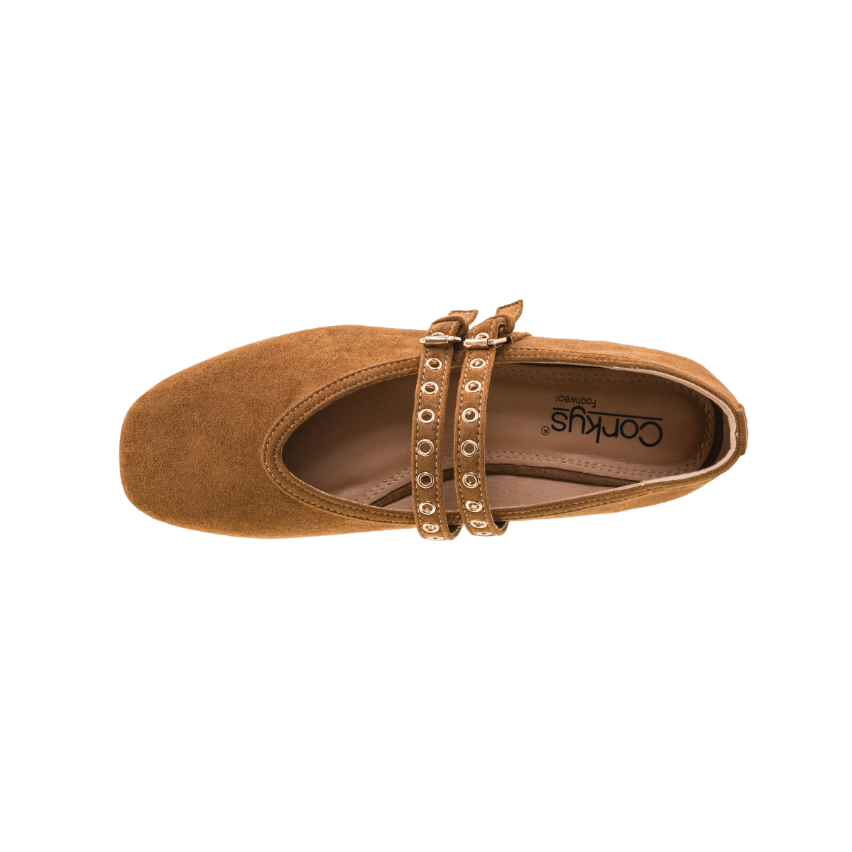Introducing the All Eyes on Me MaryJane Ballet Flat by CORKY’S FOOTWEAR INC—a rich cranberry brown suede ballet flat, seen from above, featuring two decorative straps adorned with gold-tone studs. These versatile flats are perfect for any occasion.