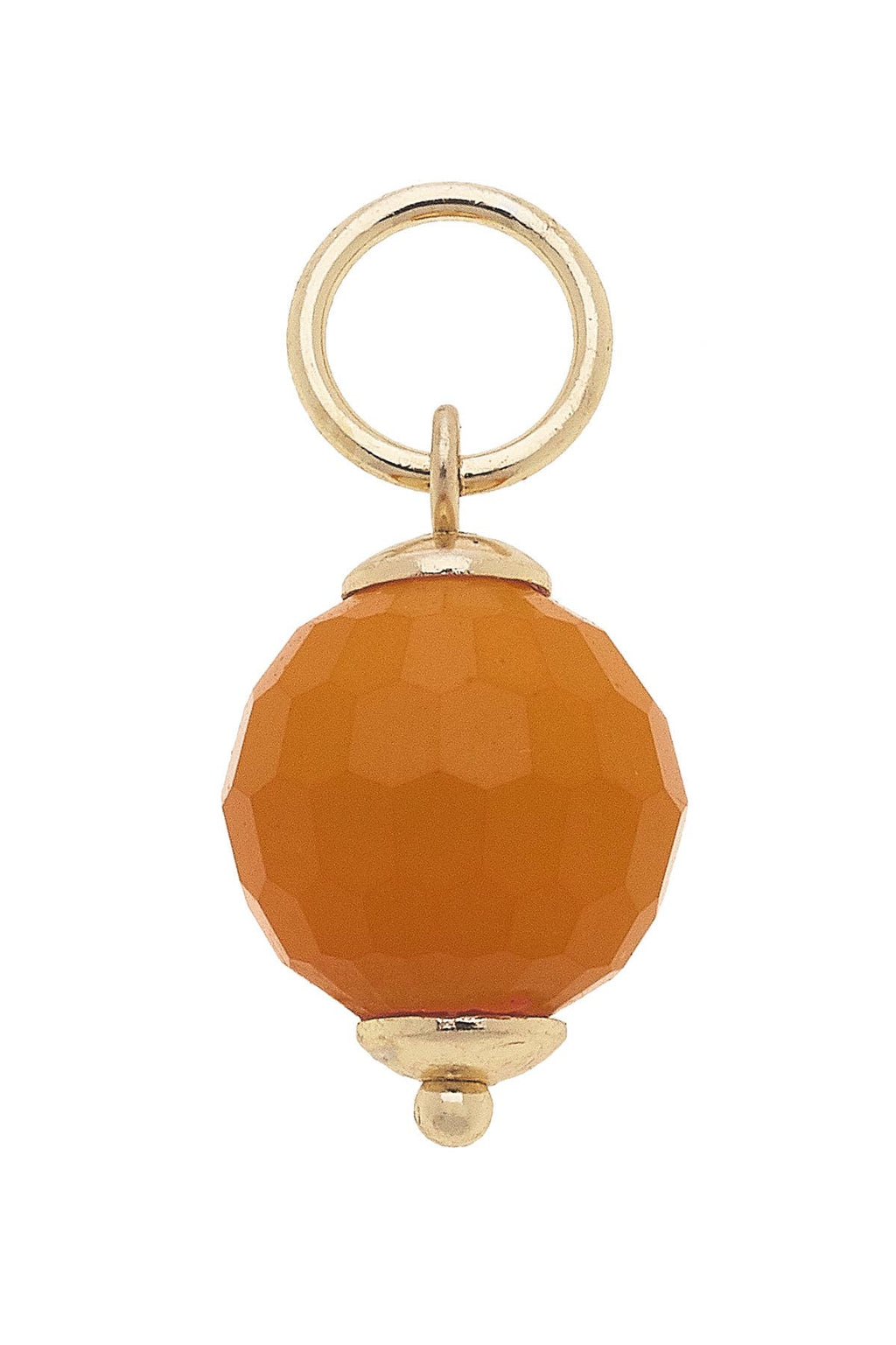 The Canvas Style Resin Bead Charm showcases a faceted round orange resin bead with gold-tone accents at the top and bottom, suspended from a gold loop pendant—a striking addition to any charm necklace or charm bracelet.