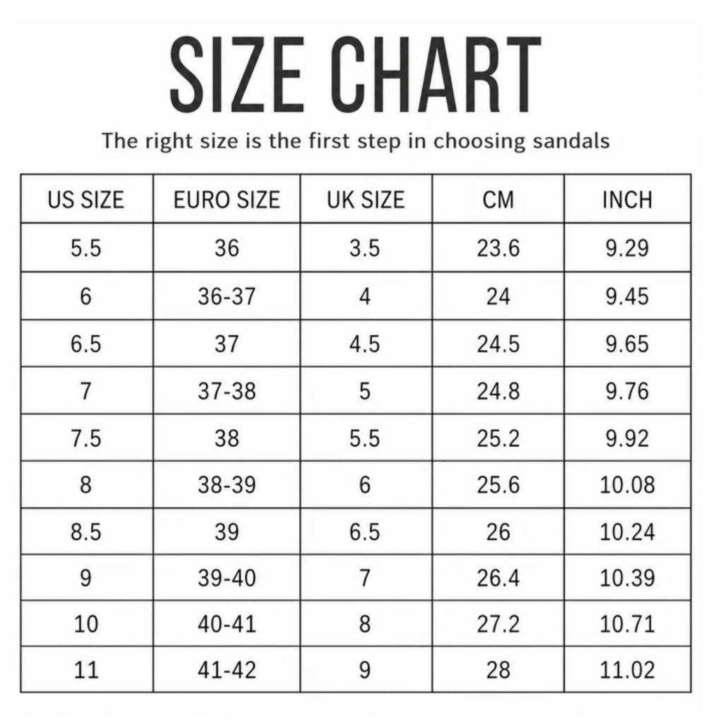 Size chart for the Beckett Backless Penny Loafer by Project Cloud, displaying US, Euro, and UK sizes—plus foot length in both centimeters and inches—for sizes 5.5 to 11 US. Perfect for styles crafted with soft suede leather or memory foam cushioning, ensuring an ideal fit every time.
